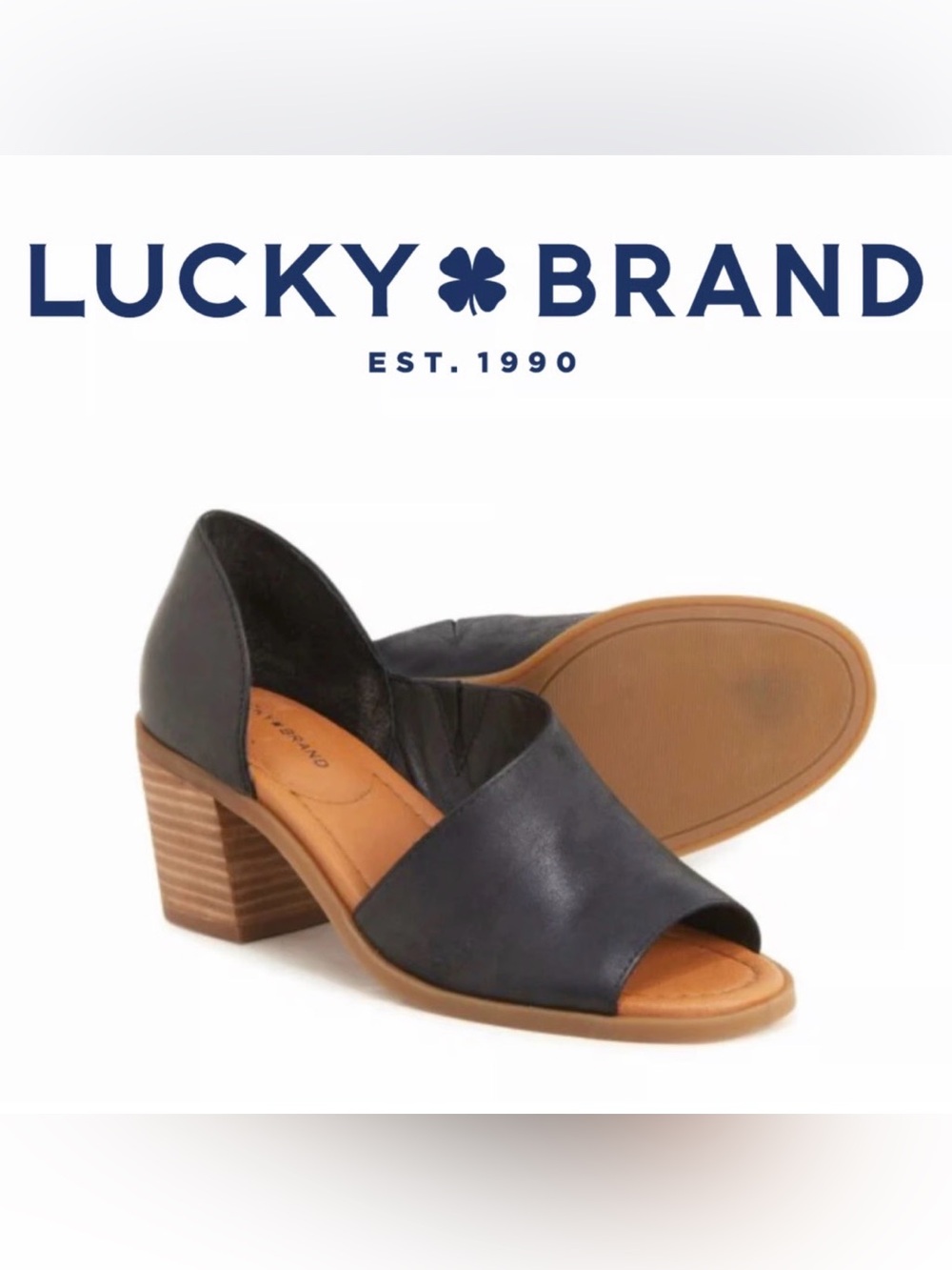 NEW Lucky Brand Black Leather Open Toe Block Heel Sandals Size 8.5